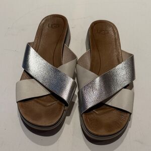 UGG Dual-Tone Crisscross Platform Sandals in Silver and Cream